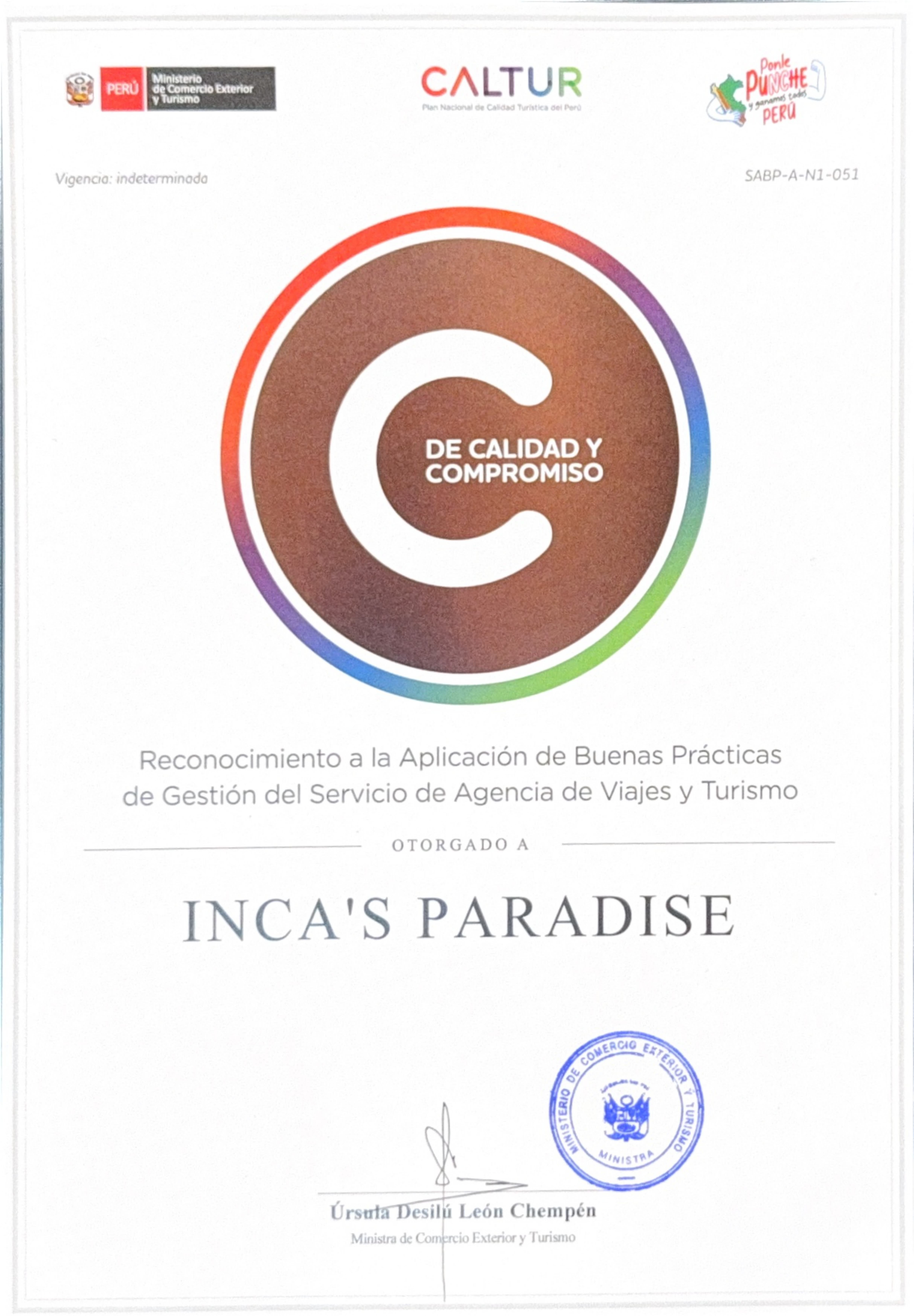 Distintivo "C de Calidad y Compromiso" – MINCETUR y CALTUR